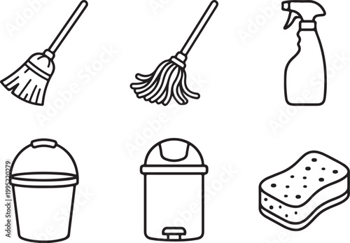 Cleaning Tool Icons Set - Minimalist Outline Illustration of Broom, Mop, Spray Bottle, Bucket, Trash Can, and Sponge for Household and Janitorial Services