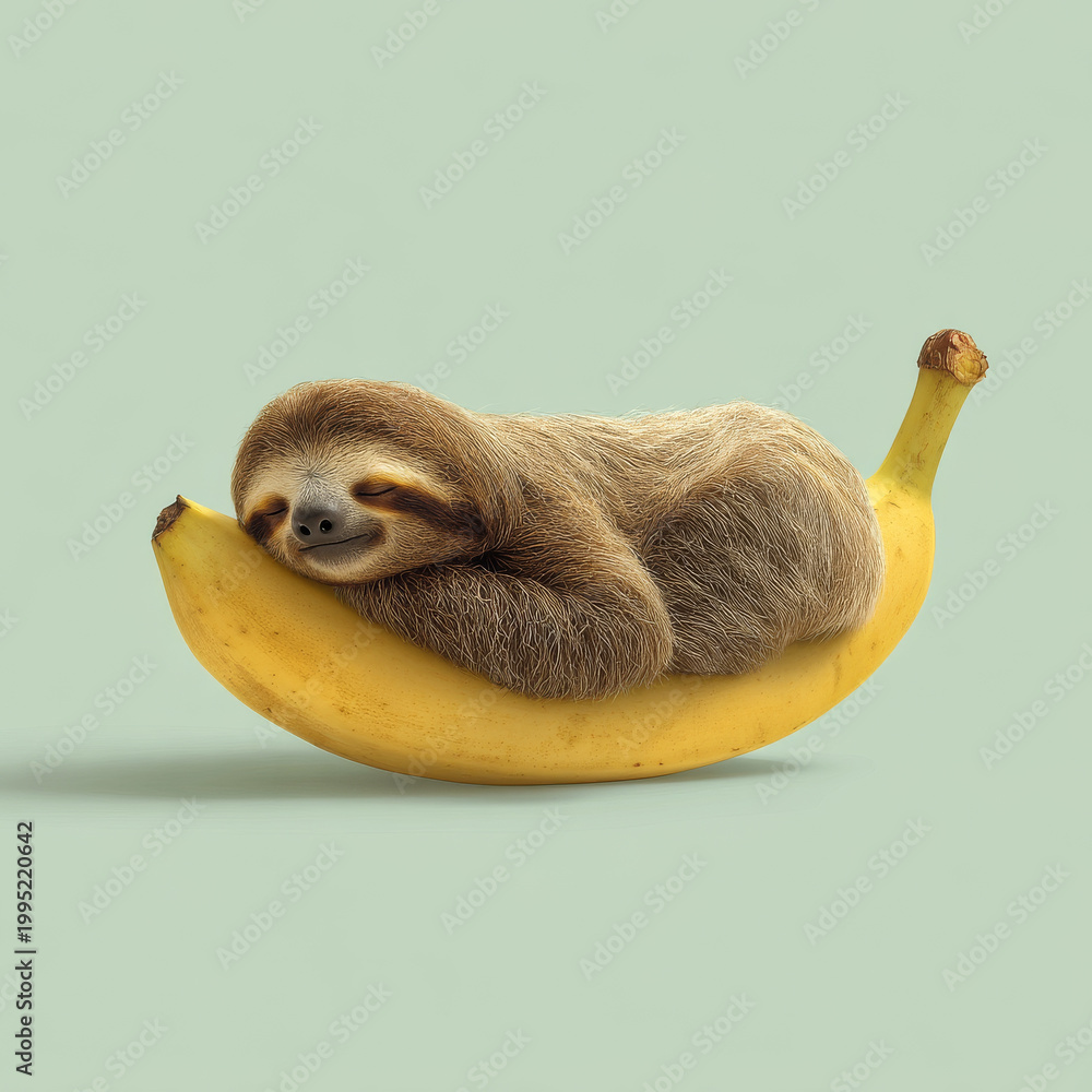 Fototapeta premium Cute sloth peacefully sleeping on ripe yellow banana with soft green background, creating calm and whimsical scene
