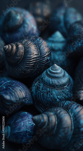 Pile of dark blue seashells with detailed textures captured in close up macro photograph, evoking calm and mysterious ocean vibe