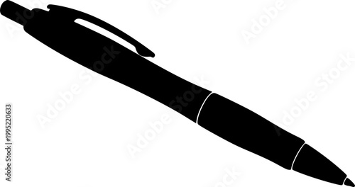A stark black silhouette of a modern ballpoint pen against a plain white background a simple graphic silhouette
