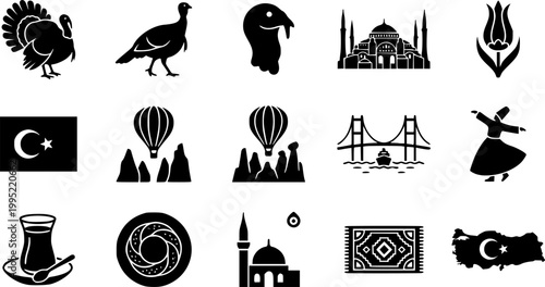 business turkey silhouette simple icon set, black color and white background
