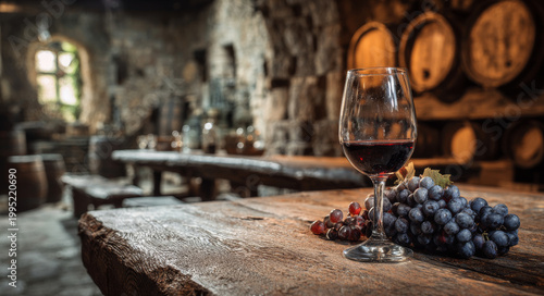 Glass of red wine and fresh grapes rest on rustic wooden table inside cozy stone cellar with barrels and soft natural light
