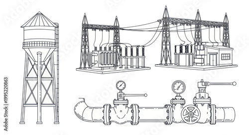 Industrial Drawing: Water Tower, Power Station, Pipeline with Gauges