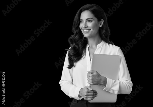 Professional woman holding a laptop, smiling and looking away, isolated on black background