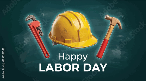 Digital illustration for Labor Day featuring a yellow hard hat, red pipe wrench, and hammer on a green chalkboard background to honor workers.