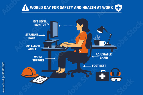 Ergonomic Office Workstation Vector Illustration for World Day for Safety and Health at Work
