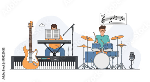 Vector illustration of two male musicians playing keyboard and drums in a studio. EPS Editable. Vector Illustrations.