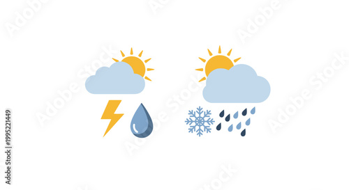 Weather forecast icons representing thunderstorm and mixed precipitation with sun. EPS Editable. Vector Illustrations.