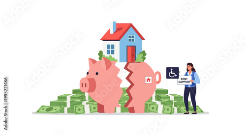 Woman using savings for accessible home purchase concept. EPS Editable. Vector Illustrations.