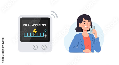 Woman controlling home energy consumption with a digital smart device. EPS Editable. Vector Illustrations.