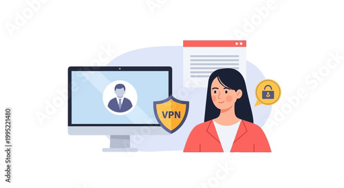 Woman using computer for secure VPN internet connection and data privacy. EPS Editable. Vector Illustrations.
