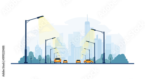 Yellow taxis driving along a city road with street lamps. EPS Editable. Vector Illustrations.
