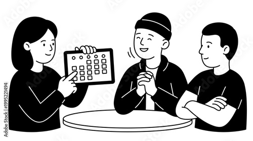 Young professionals collaborating on a project with a tablet presentation. EPS Editable. Vector Illustrations.