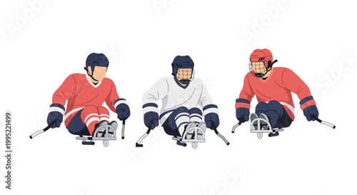 Three disabled ice hockey players competing in a sled hockey match. EPS Editable. Vector Illustrations.