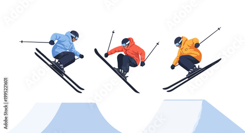 Three professional freestyle skiers performing jumps and tricks in the air. EPS Editable. Vector Illustrations.