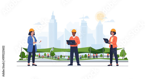 Three professional construction engineers and architects working together on site. EPS Editable. Vector Illustrations.