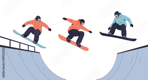 Three snowboarders performing jumps and tricks in a skatepark halfpipe. EPS Editable. Vector Illustrations.