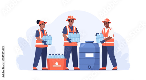 Three volunteers distributing bottled water and storage tanks. EPS Editable. Vector Illustrations.