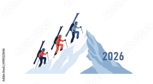 Three skiers climbing a snowy mountain with the year 2026 written on the peak. EPS Editable. Vector Illustrations.