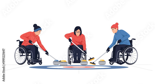 Three wheelchair curling athletes competing in a professional winter sports match. EPS Editable. Vector Illustrations.