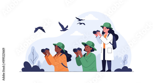 Three young women taking pictures of birds in nature. EPS Editable. Vector Illustrations.