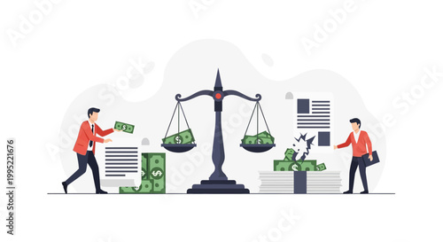 Two businessmen balancing money on scales for financial legal concept. EPS Editable. Vector Illustrations.