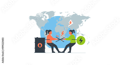 Tug of war between fossil fuels and renewable energy concept. EPS Editable. Vector Illustrations.