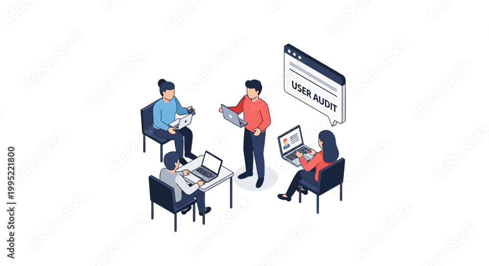 Fototapeta premium Isometric illustration of a user audit meeting with laptops and charts.