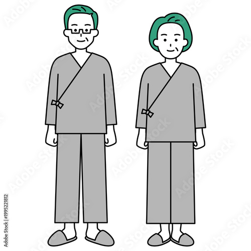 病院の検査着の中年の男女（全身）