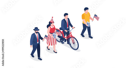 Diverse Group of People Celebrating with American Flags and Bicycle.