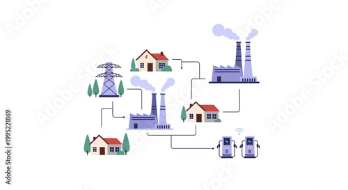 Vector Illustration of an Electrical Power Grid Connecting Factories and Houses. EPS Editable. Vector Illustrations.