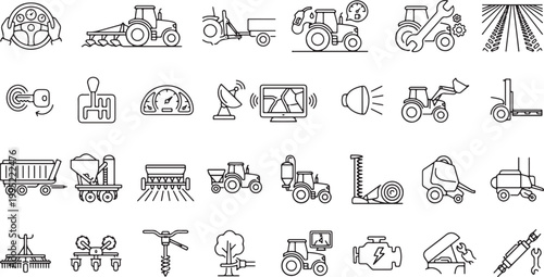Precision agriculture smart farming machinery GPS automation sensor monitoring tractor equipment technology farming innovation outline vector icon set agritech collection