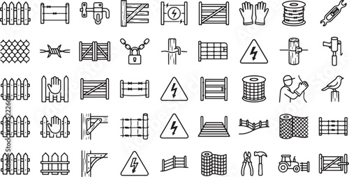 Professional agricultural fencing and livestock enclosure line icons featuring electric fence components barbed wire rolls wooden gates and ranch boundary security tools,