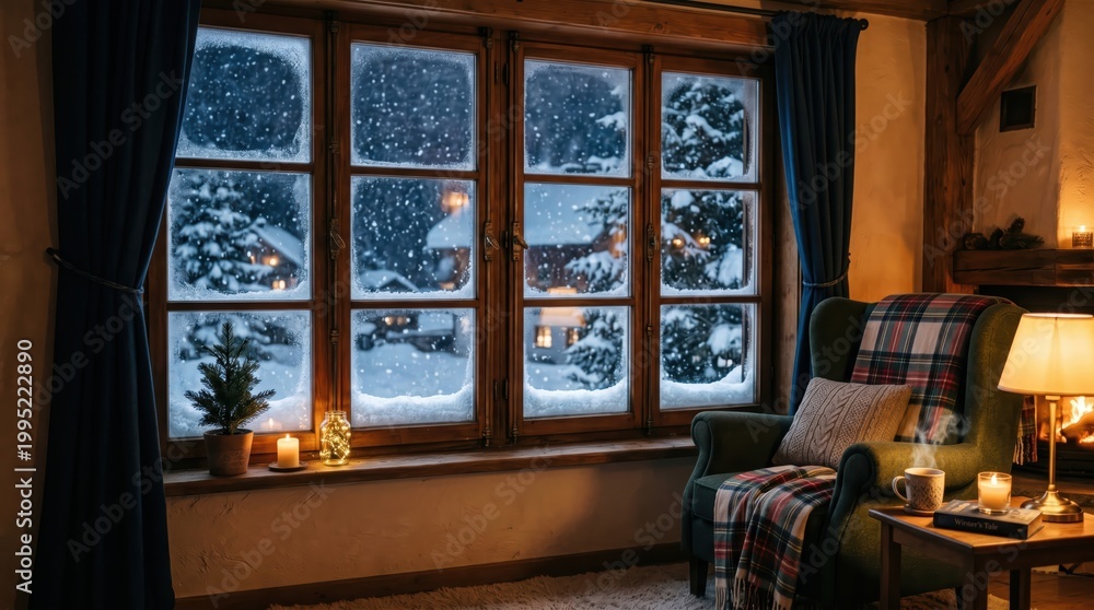 Naklejka premium Snowy landscape seen from cozy armchair by window indoors