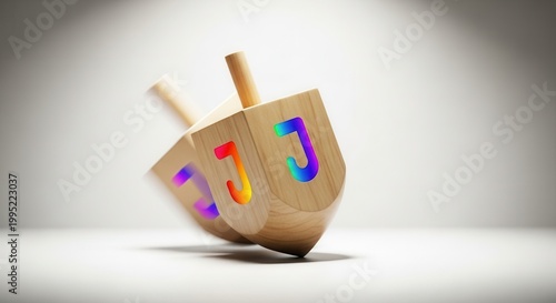 Dynamic wooden spinning tops with vibrant rainbow letters captured in motion blur against a bright