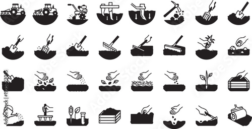Soil preparation planting gardening agriculture workflow silhouette icon set digging seeding watering compost cultivation farming process vector collection