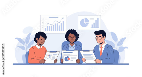 Diverse business team reviewing financial reports and data charts together. EPS Editable. Vector Illustrations.