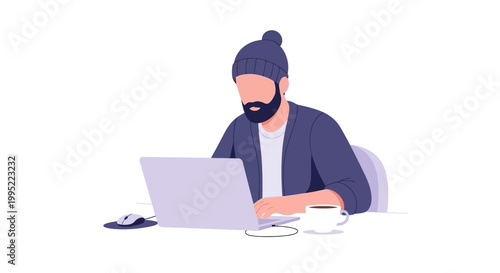 A bearded man with a top knot hairstyle working diligently on his laptop. EPS Editable. Vector Illustrations.