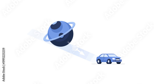 A blue car driving away from a planet with rings in space. EPS Editable. Vector Illustrations.