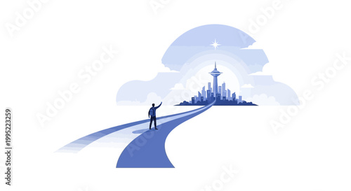 A business person standing on a path looking towards a futuristic city skyline. EPS Editable. Vector Illustrations.