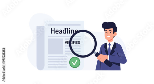 A businessman inspecting a verified document with a magnifying glass. EPS Editable. Vector Illustrations.