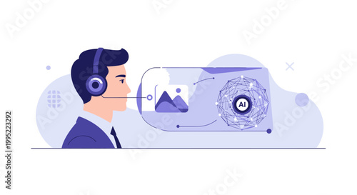 A businessman using an AI voice assistant to generate images. EPS Editable. Vector Illustrations.