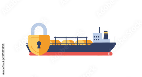 A cargo ship locked with a large padlock symbolizing secure maritime transport and trade. EPS Editable. Vector Illustrations.