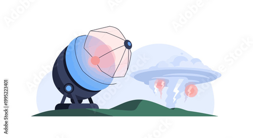 A futuristic radar antenna tracking an unidentified flying object in the sky. EPS Editable. Vector Illustrations.