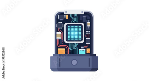 A futuristic electronic component showing a central glowing processor chip integrated into a detailed printed circuit board design. EPS Editable. Vector Illustrations.