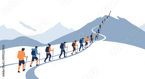 A group of hikers trekking up a snowy mountain path together. EPS Editable. Vector Illustrations.