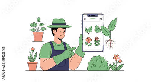 A gardener using a mobile application to monitor plant growth and garden health. EPS Editable. Vector Illustrations.