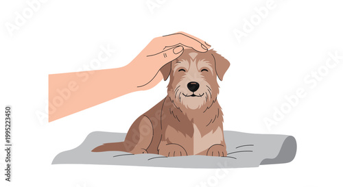 A hand gently petting a cute brown terrier dog on a mat. EPS Editable. Vector Illustrations.