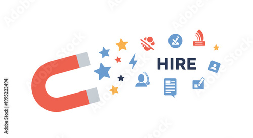 A horseshoe magnet attracting various icons and the word hire representing recruitment concept. EPS Editable. Vector Illustrations.