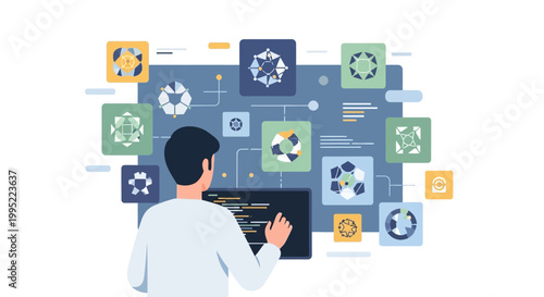 A male programmer working on software development and data visualization. EPS Editable. Vector Illustrations.